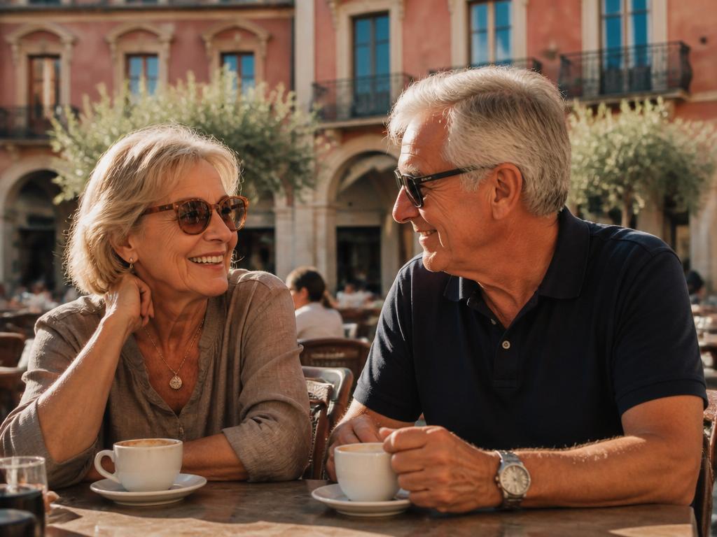 Mature British couple enjoying coffee at a sunny Spanish café