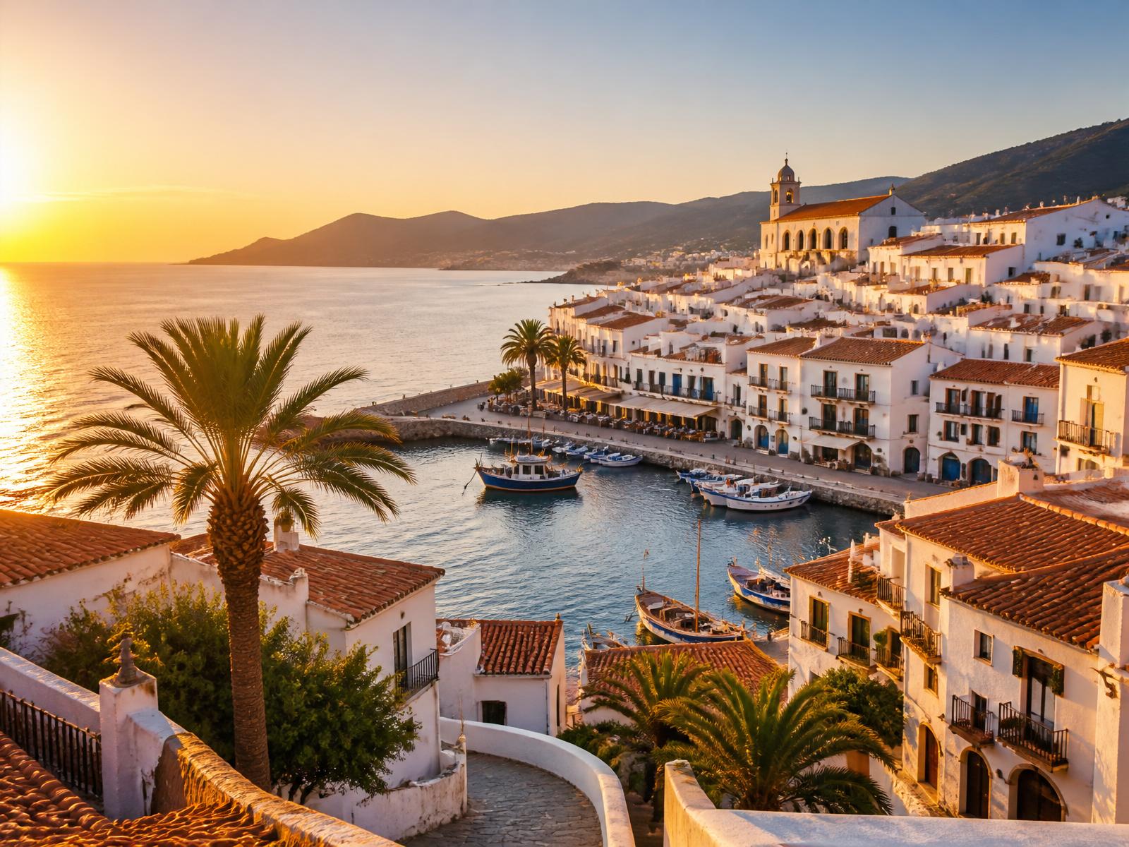 A whitewashed Mediterranean Spanish coastal town at golden hour.
